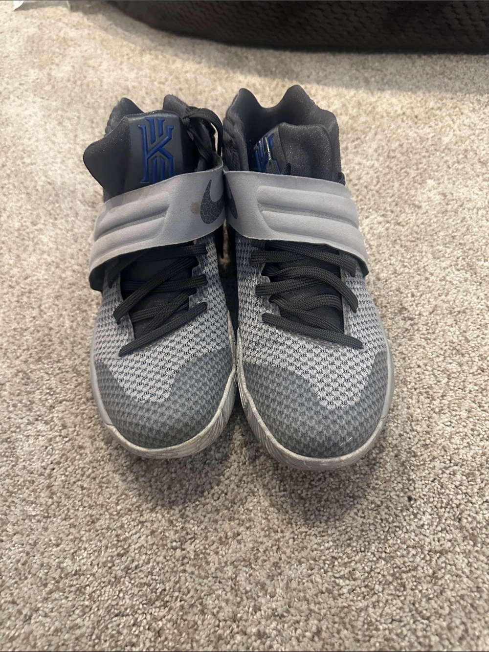 Nike Men Kyrie Gray and Black High-Top Sneakers with Blue Logo